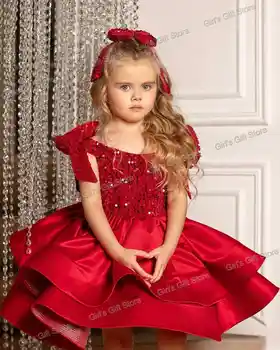 Sjajne crvene haljine s šljokice za djevojke u cvijetu na vjenčanje, party, multi-level haljine za djevojčice s otvorenim ramenima i lukom, elegantan haljine za djevojčice