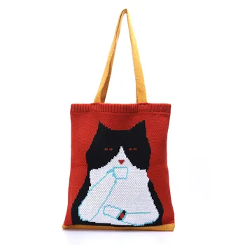 Zimska ženska вязаная torba-тоут s uzorkom slatka mačka s gornjom ručkom za djevojčice u korejskom, japanskom stilu Kawai, svakodnevne blage otvorena vrećica s anime
