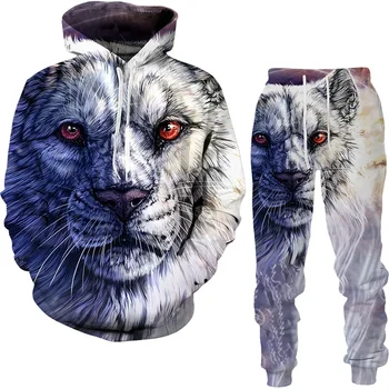 Muški sportski odijelo s 3D ispis životinja Tigar, casual majica i hlače, setove iz 2 predmeta, jesensko-zimski vanjska odjeća, muška nošnja
