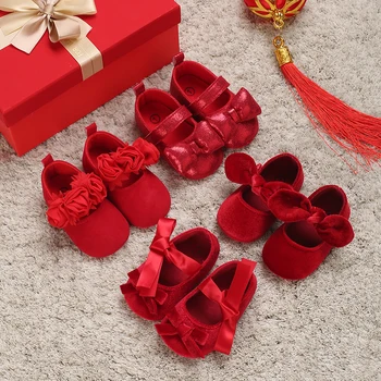 Crvene svečane cipele princeze za djevojčice 0-1 godina, Dječje cipele za hodanje na tkaninu potplatima s kravatom-leptir Jedan Mary Jane cipele