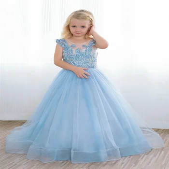 Svijetlo plava haljina s cvjetnim uzorkom za djevojčice, čipka aplicirano, luk-fin, haljinu za rođendan djevojčice, svadba haljina princeza haljina za prvu pričest