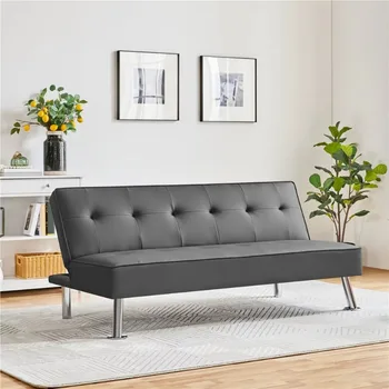 Kauč-futon SmileMart od sedrenih umjetne kože s kromiranim metalnim nogama, siva