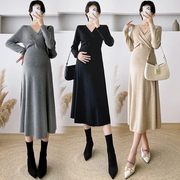 8307 # Jesen-zima, Korejski modni Вязаное duga haljina za trudnice s V-neck, trapeznog oblika, tanka odjeća za trudnice.