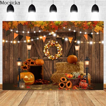 Jesen je pozadina fotografije na Halloween Drvena vrata skladišta Ukras u obliku svjetla u obliku bundeve Pozadina za portret djecu Banner