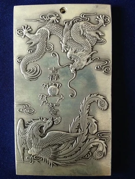 Коллекционный Kineski Tibet Silver, Isklesan Od Bakra Amulet Prosperitet, Donio Zmaja I Фениксом Тханка Fin Privjesak