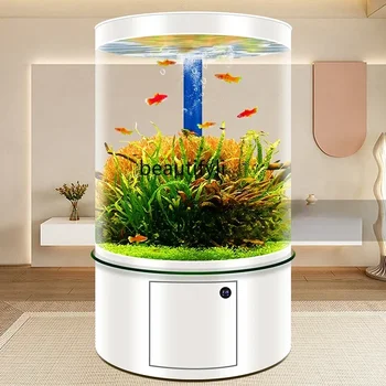 Cilindrična Stakleni akvarij za ribe na podu u dnevnoj sobi, Akvarij s донным filter, akvarij s punim okruglim Velikim