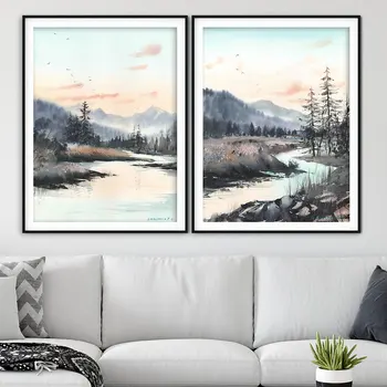 Priroda, set od 2 predmeta, акварельный plakat, borovu šumu, umjetnička slika na platnu, zidno slikarstvo s planine za uređenje doma dnevni boravak