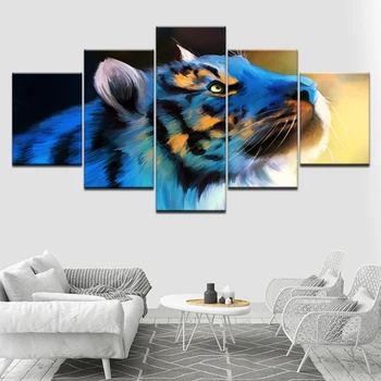 Plavi tigar ljubimac 5 kom. HD wallpapera Art Print na platnu je moderan plakat Modularni umjetnička slika za dnevni boravak Kućni dekor