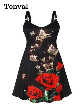 Odjeća Tonval 3XL 4XL, elegantne ženske haljine midi s leptirićima i cvijećem, винтажное ljetno smještaj haljina za odmor sa V-izrez.