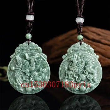 Prirodni Burmanski Smaragd Dragon Phoenix Privjesak Нефритовое ogrlica Urezana Modni nakit Pribor Amulet-čuvar Pokloni za žene i Muškarce