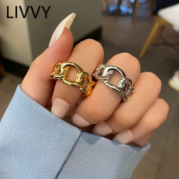 LIVVY Srebro Lampa Geometrijski prsten-lanac za žene, parovi, Berba Jednostavna Glatka modni nakit ručne izrade, Fin nakit
