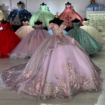 Bogata haljina Princeze Lavande Lorencia S otvorenim Ramenima, 3D Cvjetni cvjetne čipke Oblog, Расшитая Perle, Slatko 16 Vestidos De 15 Años YQD429