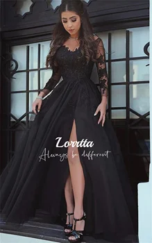 Lorrtta, Seksi rez sa strane, cvjetne čipke oblog, Crna tila, donje loptu haljina, Elegantan luksuzno večernja haljina, Lijepe haljine za maturalne za djevojke, ženske,