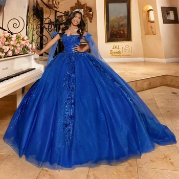 Luksuzno Haljina Lorencia Mexico Kraljevske Plave Boje S Aplikacija na ramenima I Накидкой-Šalom Sweet 16 Vestidos XV Años YQD446