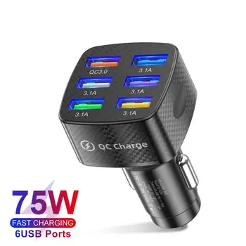 Auto punjač snage 75 W Quick Charge 3.0 15A 6 USB portova-punjač za iPhone 13 12 Pro Samsung Punjač za mobilni telefon