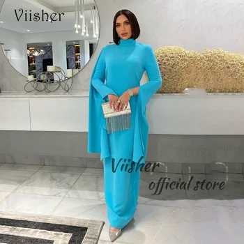 Večernje haljine Viisher Plava Sirena dugih rukava i visokog izreza u Dubai za prom Dužine do poda Večernje haljine za maturalnu večer