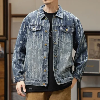 2023 Ulica Muška traper jakna Plus Size 5XL Retro Plave Čipke Modne jakne sa rupama Hip-hop Muška odjeća Novost jeseni