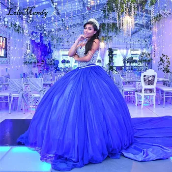 Bujna haljine princeze Kraljevske plave Boje, Raskošnom Loptu haljina S Dugim Vlak, Slatka je 16 Haljina čipka-up, Vestidos De 15 Años