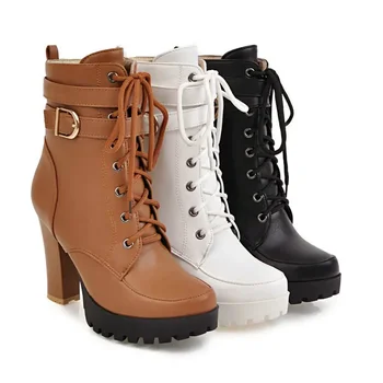 Cipele, ženske moto čizme, jesen-zima, ženske cipele 2023, Stilski ženske čizme na platformu i visoku petu, seksi cipele s kopčom bijele boje