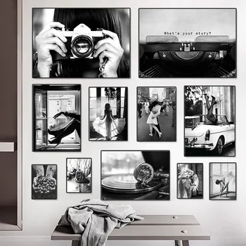 Moderan Crno-bijeli plakat Balet Djevojka Stari Fonograf Skladište Boksačke rukavice Zidni Umjetničke slike na Platnu HD Ispis Slika za uređenje doma