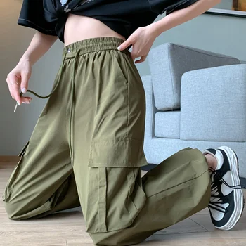 Trendi hlače-teretni u ulici stilu, Ženski ljeto nove svakodnevne elastične hlače za trčanje s visokim strukom, Šik Slobodne ženske hlače s velikim džepovima
