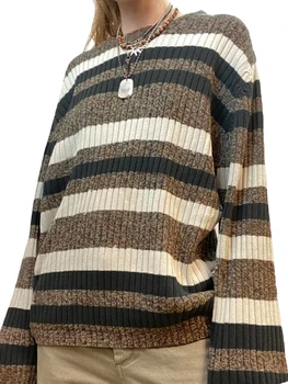 Ženski starinski džemper u traku s po cijeloj površini, okrugli izrez, dugi rukav, jesen Slobodan pulover, kardigan, vrhovima