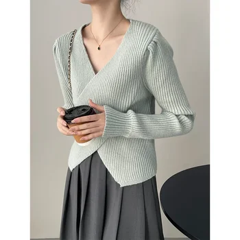 Jesen ženski džemper novi dizajn s dugim rukavima i križem, nježna temperamentna soft top s V-izrez