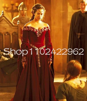 Gradacija haljine od tamnocrvena baršun Merlin Guenievre dugi rukav, čipkan večernjih haljina za косплея u stilu srednjovjekovne Renesanse, расшитое perle