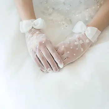 Kratke mrežaste tanke rukavice s lukom od umjetnih bisera i šljokice, vjenčanje rukavice za mladence