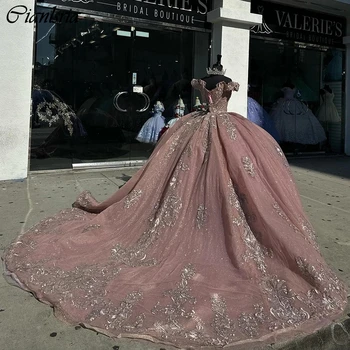 Rose loptu haljina s otvorenim ramenima, Bujna haljine, aplike iz kristala, Čipke korzet, Vestidos De 15 Años