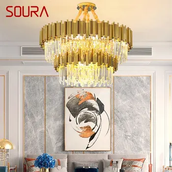 Zlatni luster SOURA, kristalna viseći svijećnjak, постмодернистский led lampa za kuću, dnevni boravak, blagovaonica