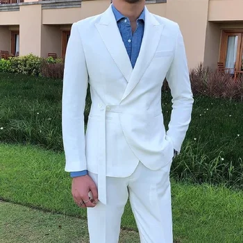 Muška odijela novog stila, bijele tuxedos za mladoženju, kuma na vjenčanju s igle, 2 predmeta (jakna + hlače)