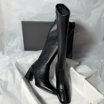 Visoke potpetice 2023, jesensko-zimske ženske crne cipele od lakirane kože, ženske visoke čizme na munje s дымоходом, ženske cipele