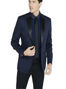 Najnoviji smoking mladoženja s urezima na crne лацканах, muška odijela sa centralnom ventilacijom za svadbene zurke (tamno plava jakna + crne hlače + kravata)