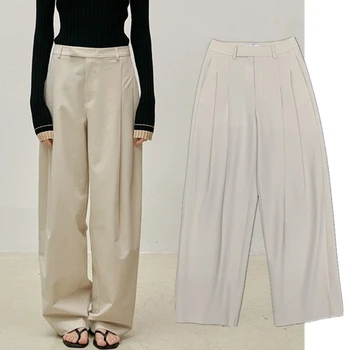 Kolekcija минималистичные Trendy ženske svakodnevne hlače u nabor s visokim strukom, svakodnevne slobodne hlače s kopčom, ravne hlače sa širokim штанинами, ženski